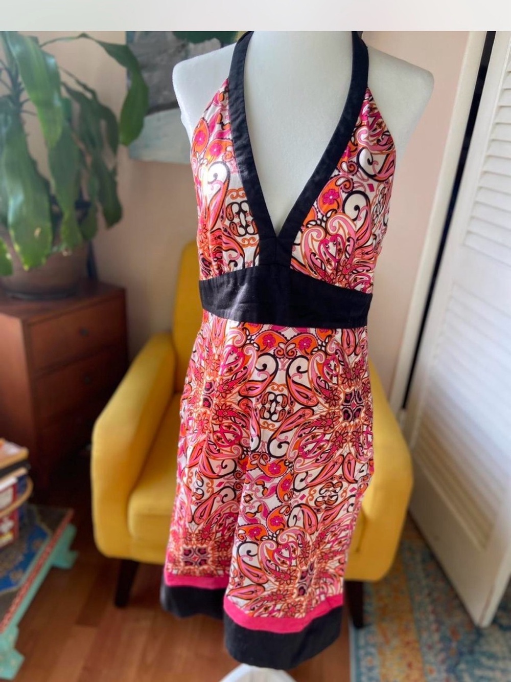 Women’s Pink Paisley Halter Dress with Black Trim